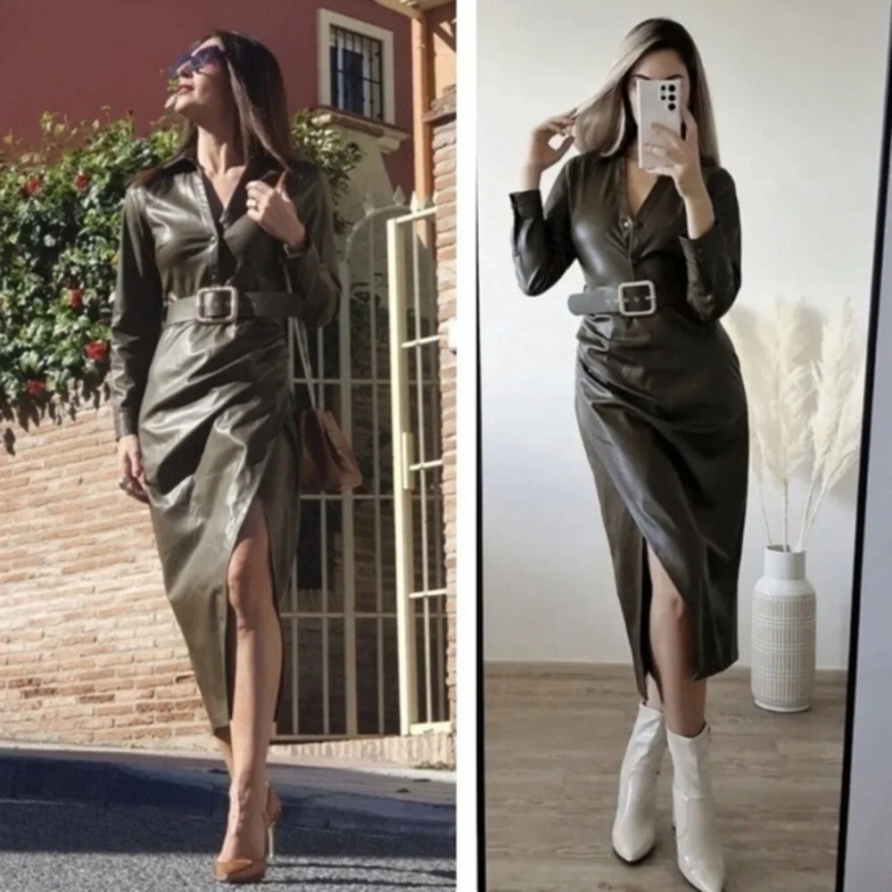 Zara | Dresses | Zara Nwt Belted Faux Leather Dress Long Sleeve | Poshmark